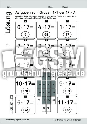 Aufgaben 1x1 der 17 - Level 1 - Variation 1 d - Großes Einmaleins - 1x1